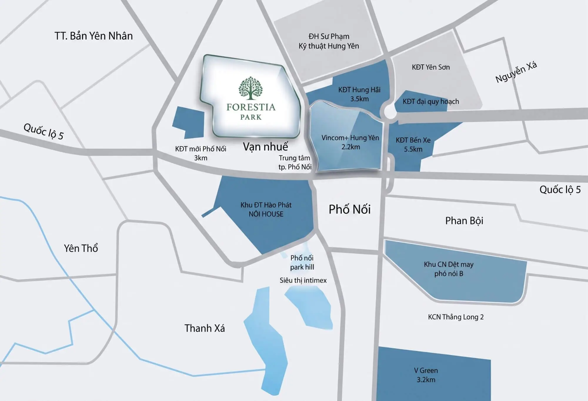 Bản đồ vị trí dự án Forestia Park tại Phố Nối, Hưng Yên, kết nối Quốc lộ 5 và các khu đô thị, tiện ích lân cận.