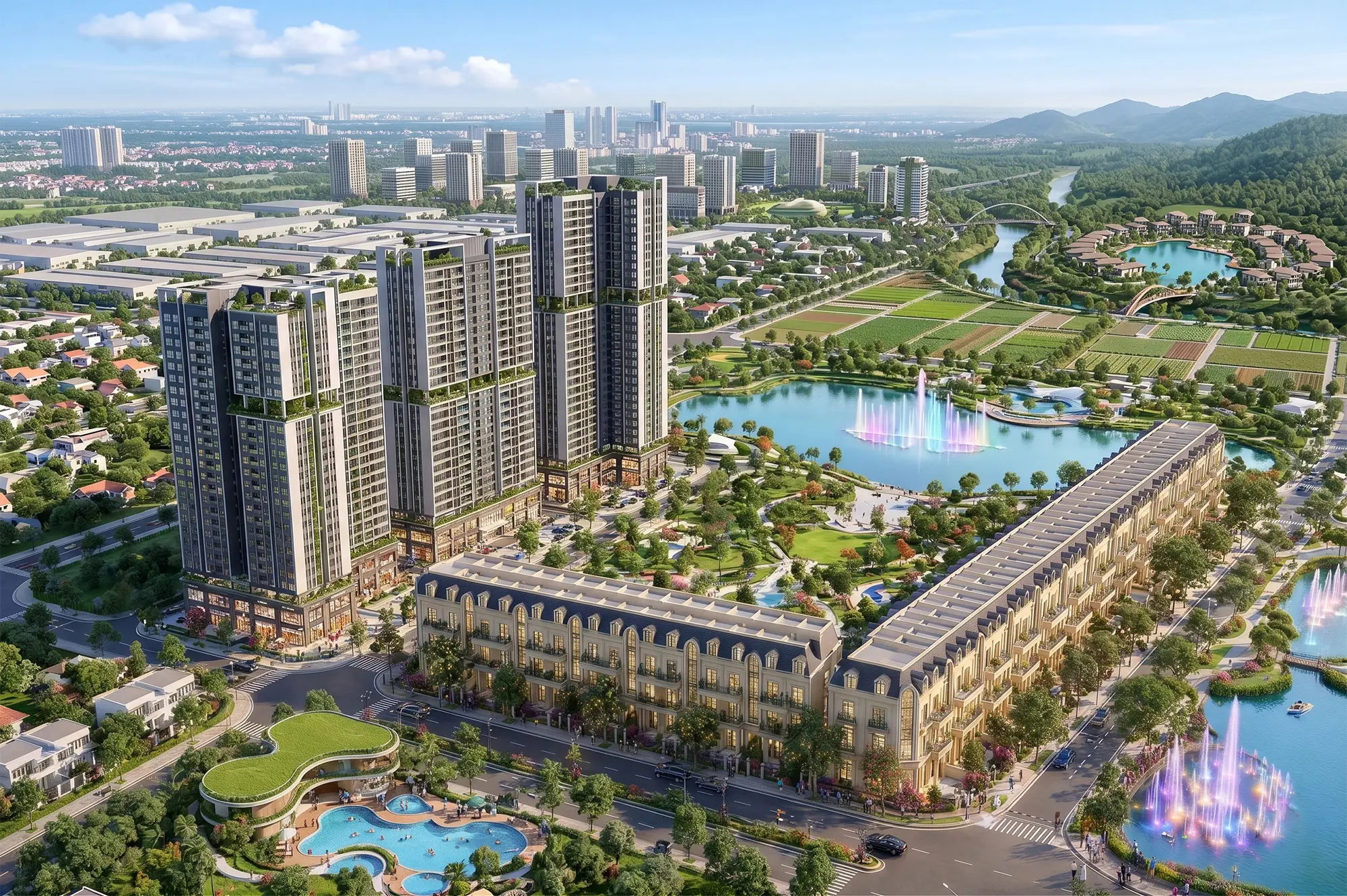 Phối cảnh căn hộ chung cư Forestia Park Phố Nối với tòa tháp cao tầng, hồ điều hòa và công viên trung tâm