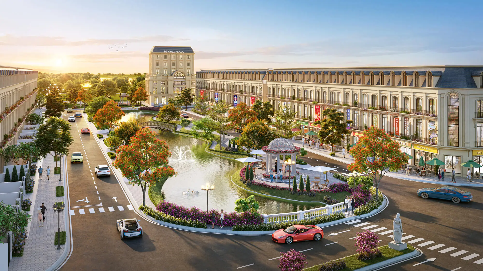 Phối cảnh shophouse Forestia Park Phố Nối sở hữu vị trí ven hồ cảnh quan, đối diện quảng trường trung tâm, kiến trúc tân cổ điển kết hợp không gian thương mại và kinh doanh sầm uất.