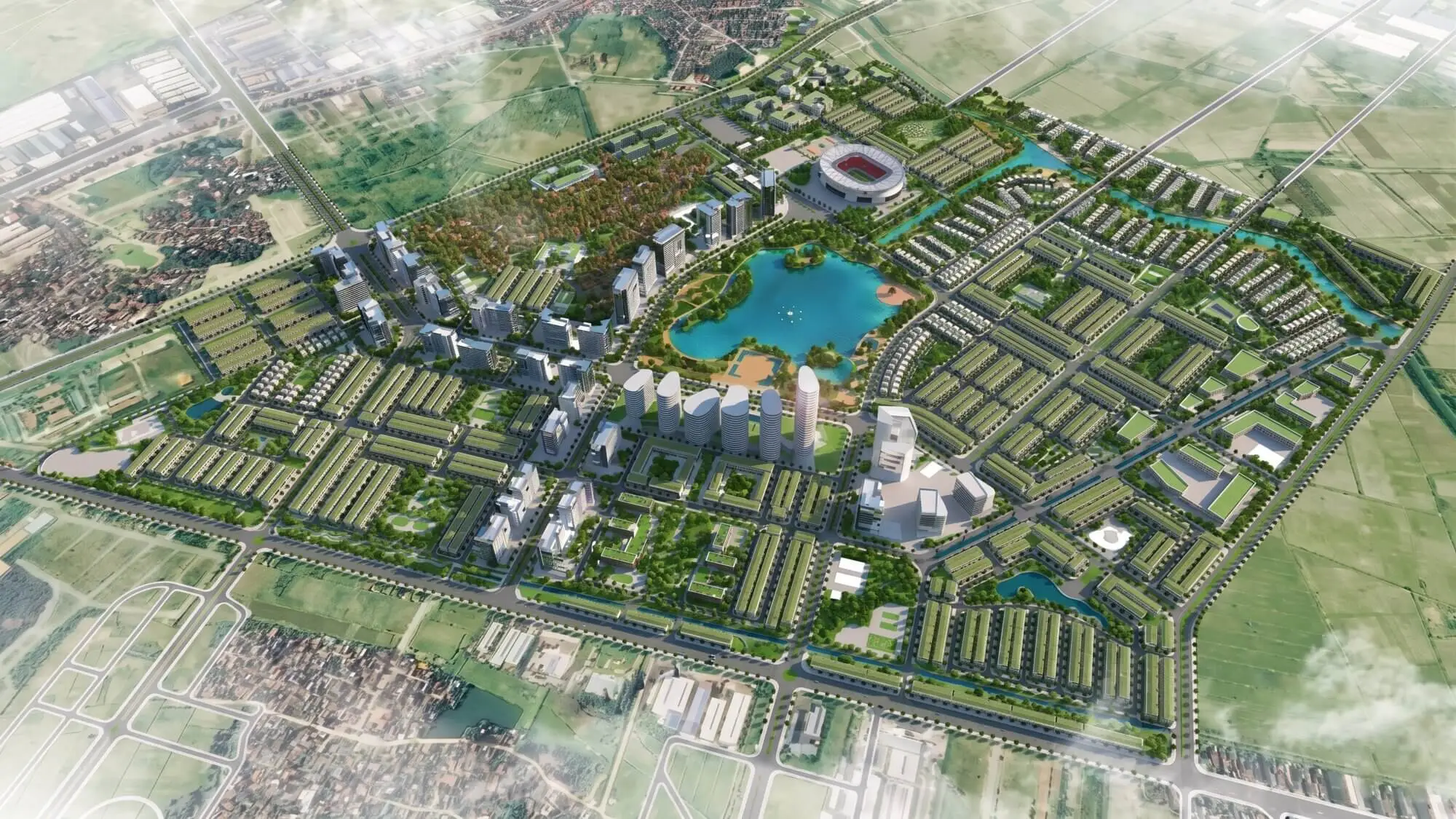 Phối cảnh tổng thể dự án Forestia Park với quy hoạch đồng bộ và hồ trung tâm.