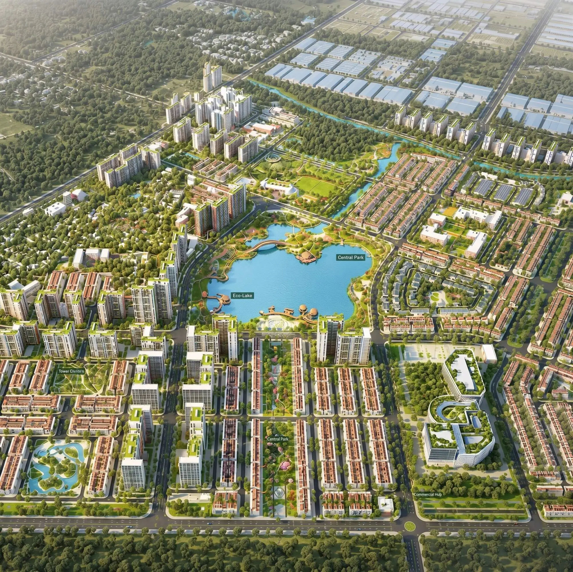 Phối cảnh tổng mặt bằng Forestia Park Phố Nối với các phân khu căn hộ, biệt thự, shophouse và hồ điều hòa trung tâm.
